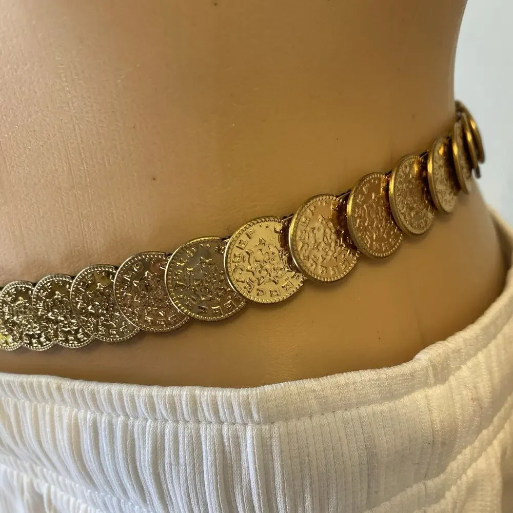 VTG Women Dress Belt GoldPlated Concho Ornate Formal Occasion S 26” Stretch RARE